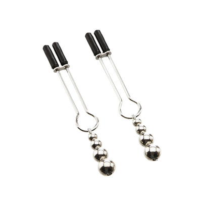 Foto 2 do produto Grampos para Mamilos em Metal Prateado com Pontas de Borracha e Pesos de Esferas Gradativas - Adam & Eve Eve's Naughty Nipple Clips | 2 Unidades