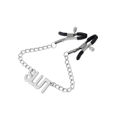 Foto 1 do produto Par de Grampos para Mamilos com Regulagem e Pingente Escrito "SLUT" - 3R Import