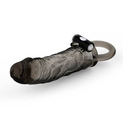 Capa Peniana com Preenchimento Interno e Vibração Única Preto Fumê - Penis Extender Black | 18,5 x 3,3 cm