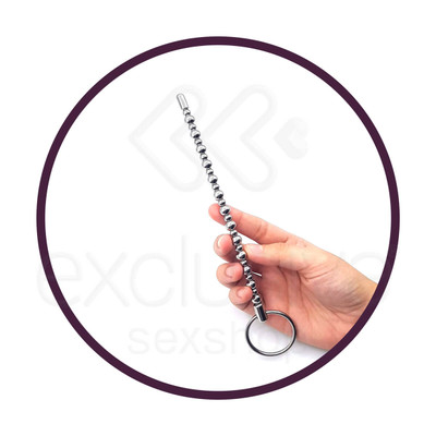 Penis Plug - Penetrador de Uretra Feito em Aço para Prática de Sounding com Esferas Grandes e Pequenas e Anel de Segurança - 15,7 x 0,6 cm