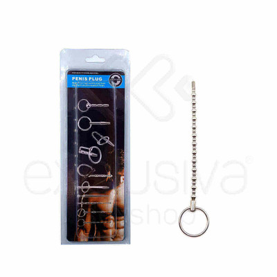 Penis Plug - Penetrador de Uretra Feito em Aço para Prática de Sounding com Esferas Grandes e Pequenas e Anel de Segurança - 15,7 x 0,6 cm