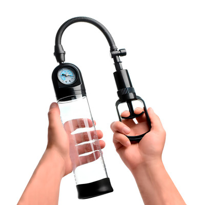 Bomba Peniana de Sucção Manual com Manopla, Manômetro e Anel de Silicone - Penis Pump PowerUp | 19,5 x 5,7 cm