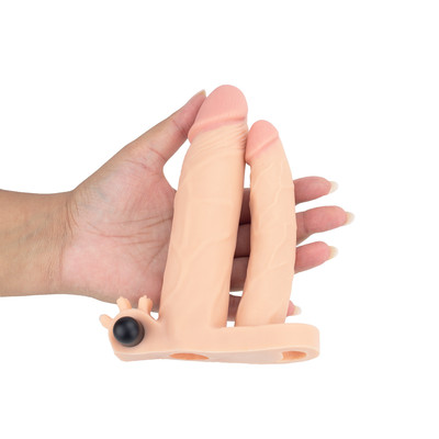 Capa Peniana Extensora com Preenchimento na Glande, Pênis para Dupla Penetração, Anel Escrotal e Cápsula Vibratória - Pleasure X-Tender Series | 15,5 x 3,6 cm