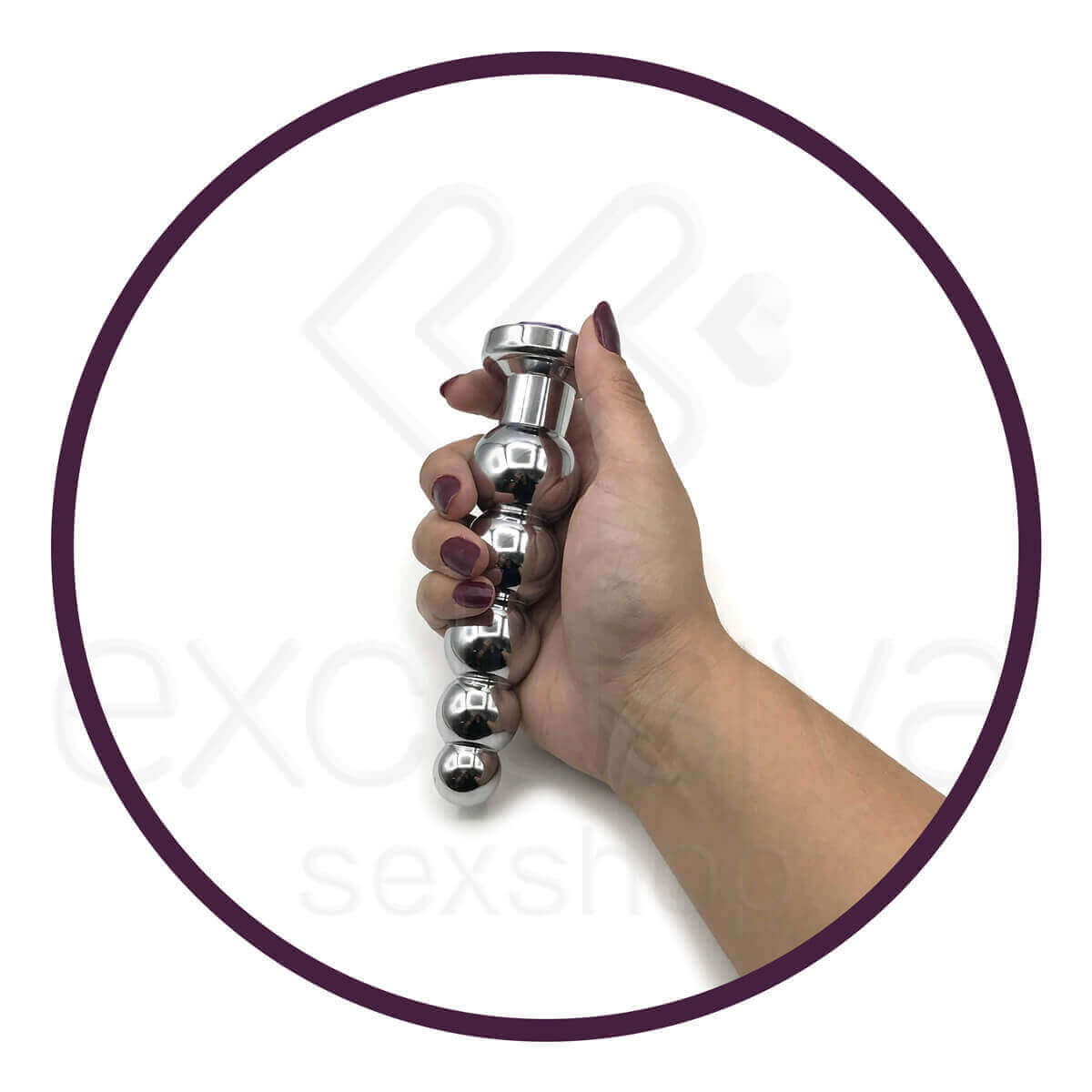 Plug Anal em Aço Escalonado com 5 Esferas e Joia Brilhante em sua Base - 14 x 3,4 cm | Cor: Rosa - 3
