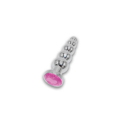 Plug Anal em Aço Escalonado com 5 Esferas e Joia Brilhante em sua Base - 14 x 3,4 cm | Cor: Rosa