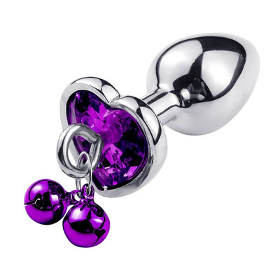Foto 1 do produto Plug Anal em Aço com Pedra de Coração e Sino - G - 6,2 x 4 cm | Cor: Roxo