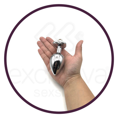 Foto 4 do produto Plug Anal em Aço com Pedra de Coração e Sino - G - 6,2 x 4 cm | Cor: Roxo