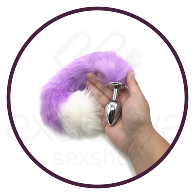 Plug Anal de Aço com Rabo de Raposa Artificial 38 cm Roxo e Branco