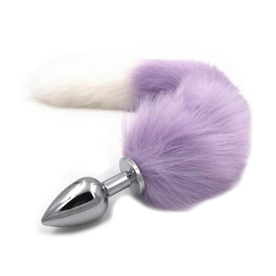 Plug Anal de Aço com Rabo de Raposa Artificial 38 cm Roxo e Branco