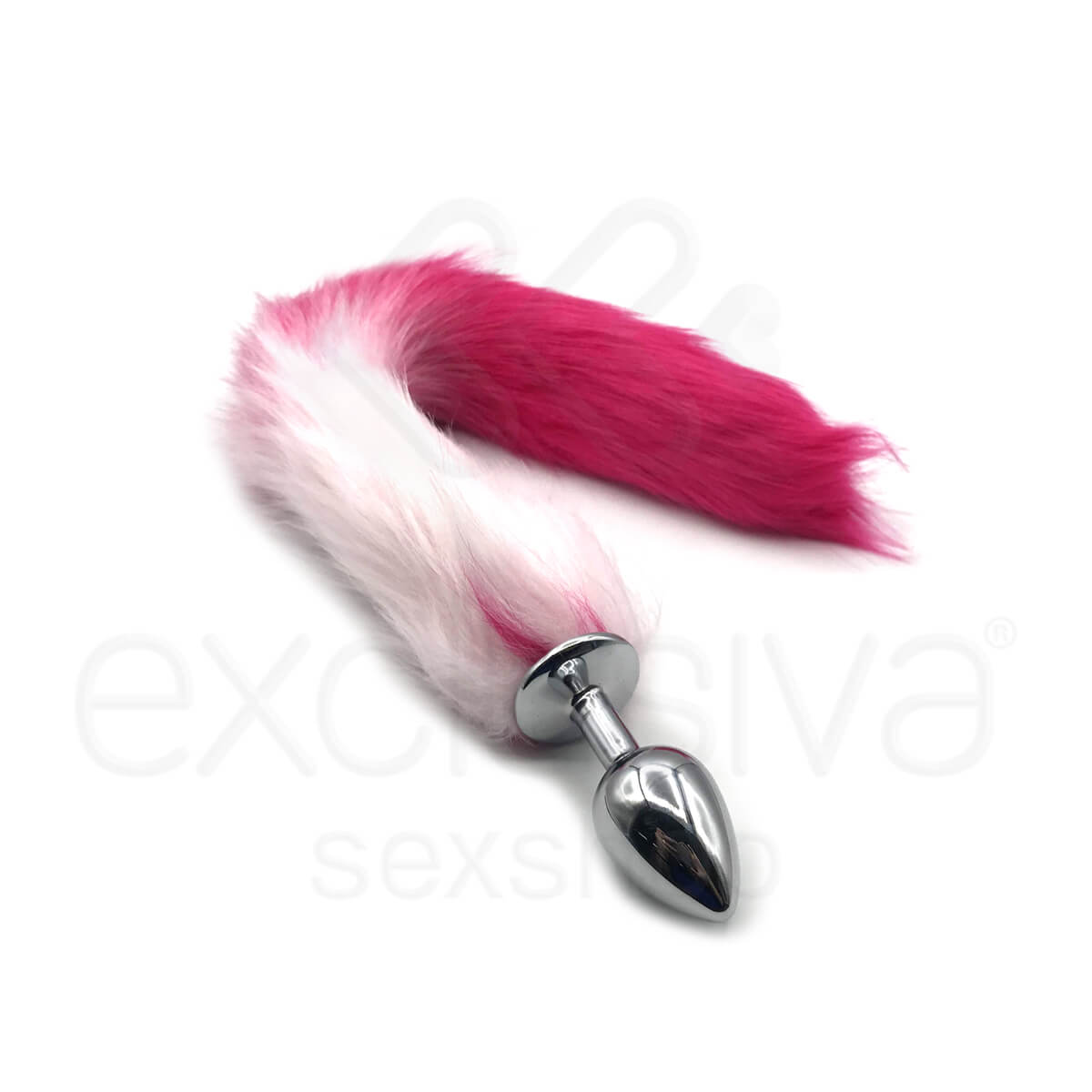 Plug Anal de Aço com Rabo de Raposa Artificial 40 cm Pink e Branco - 2