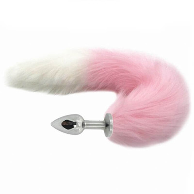 Plug Anal de Aço com Rabo de Raposa Artificial 40 cm Rosa e Branco