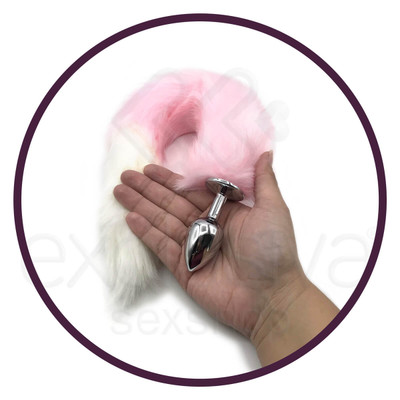 Plug Anal de Aço com Rabo de Raposa Artificial 40 cm Rosa e Branco