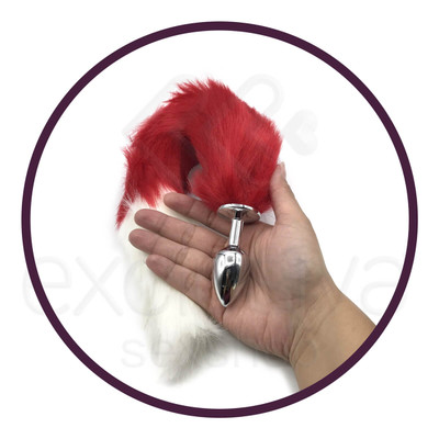 Foto 2 do produto Plug Anal de Aço com Rabo de Raposa Artificial 40 cm Vermelho e Branco