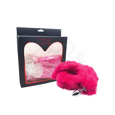 Foto 1 do produto Plug Anal de Aço com Rabo de Raposa Artificial Pink - Fox Tail & Cat Ear - 76 cm