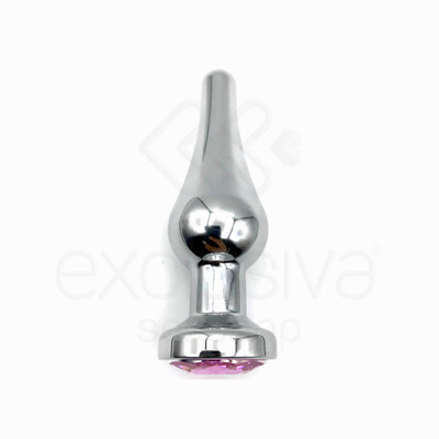 Foto 3 do produto Plug Anal em Alumínio Polido com Detalhe de Joia na Base - 9,9 x 3 cm  | Cor: Rosa