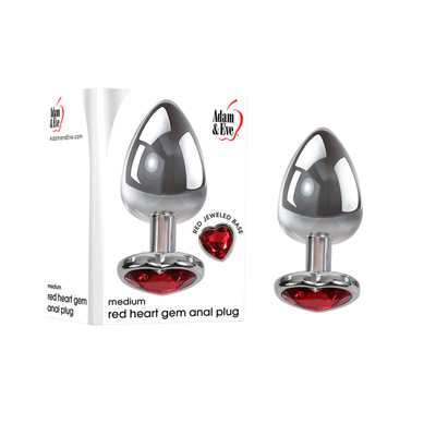 Plug Anal em Alumínio Polido no Tamanho M com Joia na Base em Forma de Coração - Adam & Eve Medium Red Heart Gem Anal Plug | 7,2 x 3,4 cm