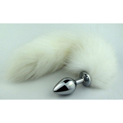 Foto 2 do produto Plug Anal Cônico de Metal com Rabo de Raposa Realístico Branco | Tamanho: P