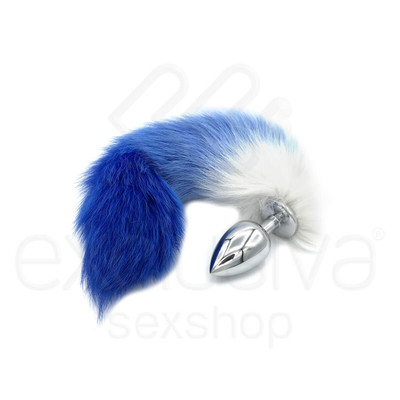 Foto 1 do produto Plug Anal Cônico de Metal com Realístico Rabo de Raposa Azul e Branco | Disponível em 3 Tamanhos