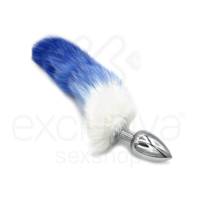 Foto 2 do produto Plug Anal Cônico de Metal com Realístico Rabo de Raposa Azul e Branco | Disponível em 3 Tamanhos