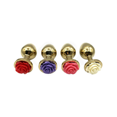 Foto 1 do produto Plug Anal "M" em Metal Dourado e Formato Cônico com Detalhe de Rosa em sua Base - 7,5 x 3,4 cm | Disponível em 4 Cores