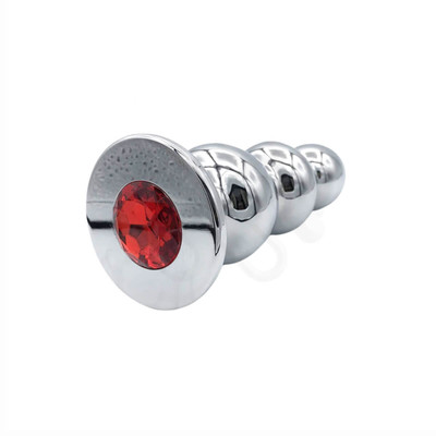 Plug Anal Escalonado com Esferas em Aço e Joia na Base - 13,9 x 5,6 cm | Cor: Vermelho
