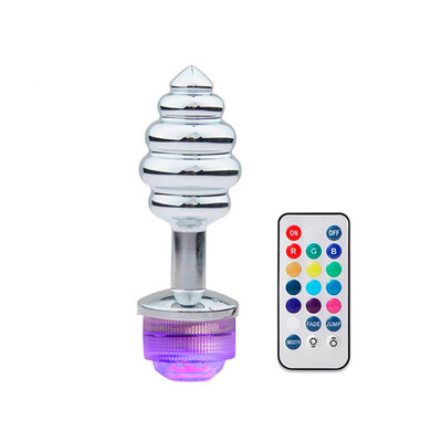 Foto 1 do produto Plug Anal Escalonado no Tamanho ''M'' em Alumínio com Luz de Led e Controle Remoto Sem Fio - 7 x 3,3 cm