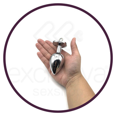 Foto 7 do produto Plug Anal "Tamanho G" em Aço com Pedra de Cristal, Sino e Guia de Corrente | 6 x 4 cm | Disponível em 3 Cores