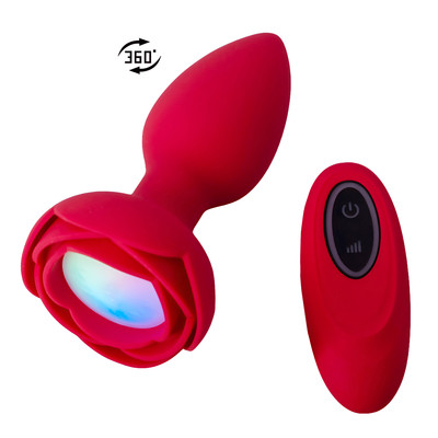 Plug Anal ''M'' no Formato de Flor em Silicone com LED, 7 Modos de Vibração, Rotação e Controle Remoto sem Fio - 7 x 3,4 cm