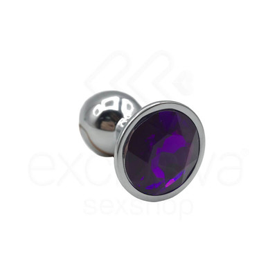 Plug Anal "P" em Alumínio Polido no Formato Cônico com Joia na Base - 5,7 x 2,7 cm | Cor: Roxo