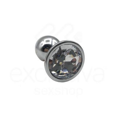Plug Anal "P" em Alumínio Polido no Formato Cônico com Joia na Base - 5,7 x 2,7 cm | Cor: Transparente