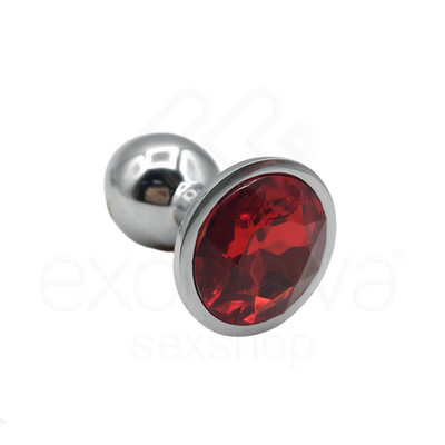 Plug Anal "P" em Alumínio Polido no Formato Cônico com Joia na Base - 5,7 x 2,7 cm | Cor: Vermelho
