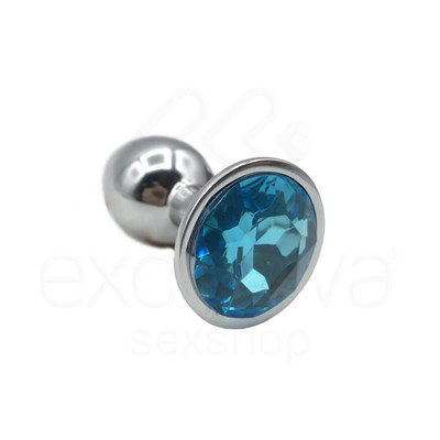 Plug Anal "P" em Alumínio Polido no Formato Cônico com Joia na Base - 5,7 x 2,7 cm | Cor: Azul Claro