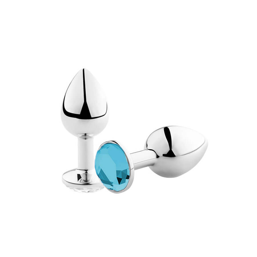 Plug Anal "P" em Alumínio Polido no Formato Cônico com Joia na Base - 5,7 x 2,7 cm | Cor: Azul Claro - 2