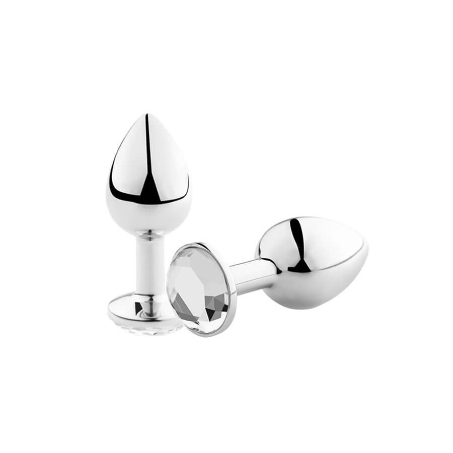 Plug Anal "P" em Alumínio Polido no Formato Cônico com Joia na Base - 5,7 x 2,7 cm | Cor: Transparente - 2