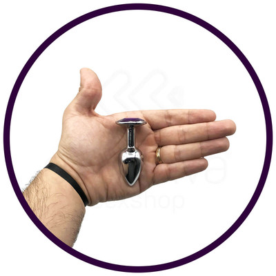 Plug Anal "P" em Alumínio Polido no Formato Cônico com Joia na Base - 5,7 x 2,7 cm | Cor: Roxo