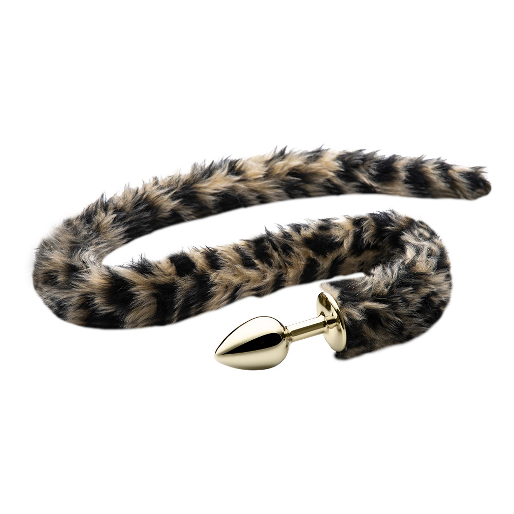 Plug Anal "P" Dourado com Rabo Longo de Gato - Sexy Fantasy Lite | 5,7 x 2,6 cm - 2