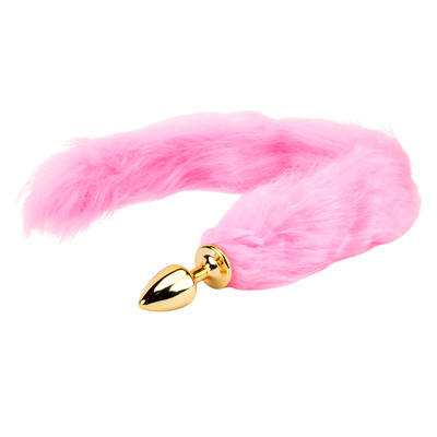 Foto 1 do produto Plug Anal em Metal no Tamanho P com Rabo Alongado - Hard | 5,7 x 2,6 cm | Cor: Dourado com Rabo Rosa
