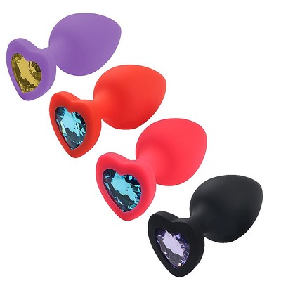 Plug Anal em Silicone no Tamanho "G" com Pedra Brilhante na Base no Formato de Coração - SI | 7,7 x 4,1 cm | Disponível em 4 Cores