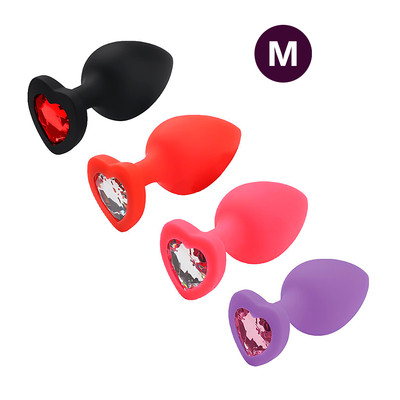 Plug Anal em Silicone no Tamanho "M" com Pedra Brilhante na Base no Formato de Coração - SI | 6,5 x 3,4 cm | Disponível em 4 Cores