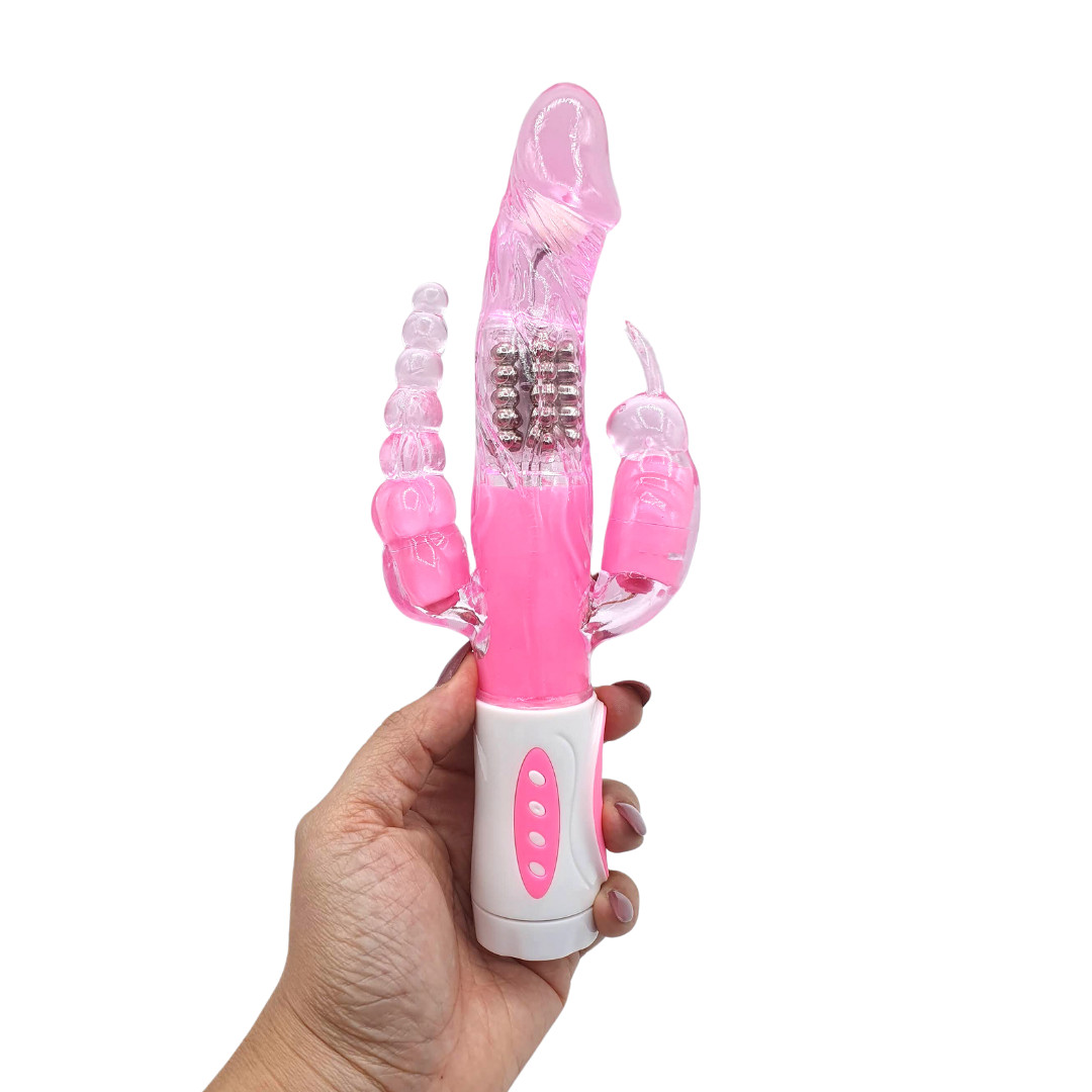 Vibrador Rotativo Triplo com 12 Modos de Vibração em Silicone - Pretty Bunny  | 12 x 2,8 cm | Disponível em 2 Cores - 4