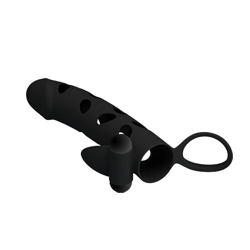 Pretty Love - Capa Peniana Vazada em Silicone com Preenchimento, Anel Para Escroto e Estimulador Clitoriano com Vibração - 15,5 x 3 cm - 2