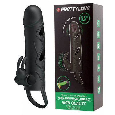 Capa Peniana Vazada em Silicone com Preenchimento e Vibração na Ponta, Anel Para Escroto e Estimulador Clitoriano - Pretty Love | 16,5 x 3,3 cm