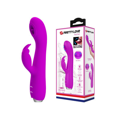 Vibrador com Estimulador Clitoriano em Forma de Coelho, Língua que Simula Sexo Oral, 12 Modos de Vibração e 3 Intensidades de Movimento - Pretty Love Rachel - 10,8 x 3,4 cm