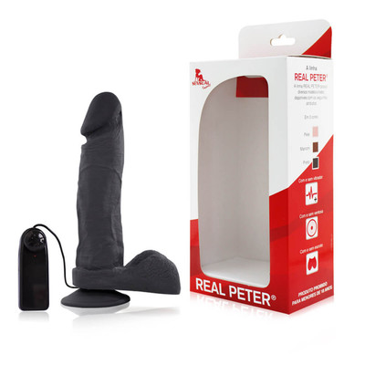 Foto 1 do produto Prótese em Formato de Pênis Realístico com Escroto, Ventosa e Vibração Multivelocidade - Real Peter | 17 x 4,4 cm | Cor: Preto