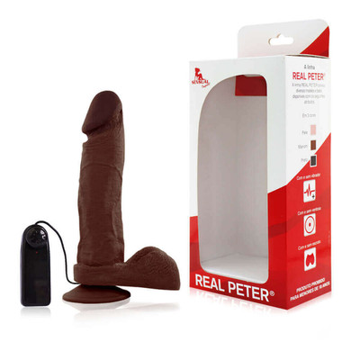 Prótese em Formato de Pênis Realístico com Escroto, Ventosa e Vibração Multivelocidade - Real Peter | 17 x 4,4 cm | Cor: Marrom