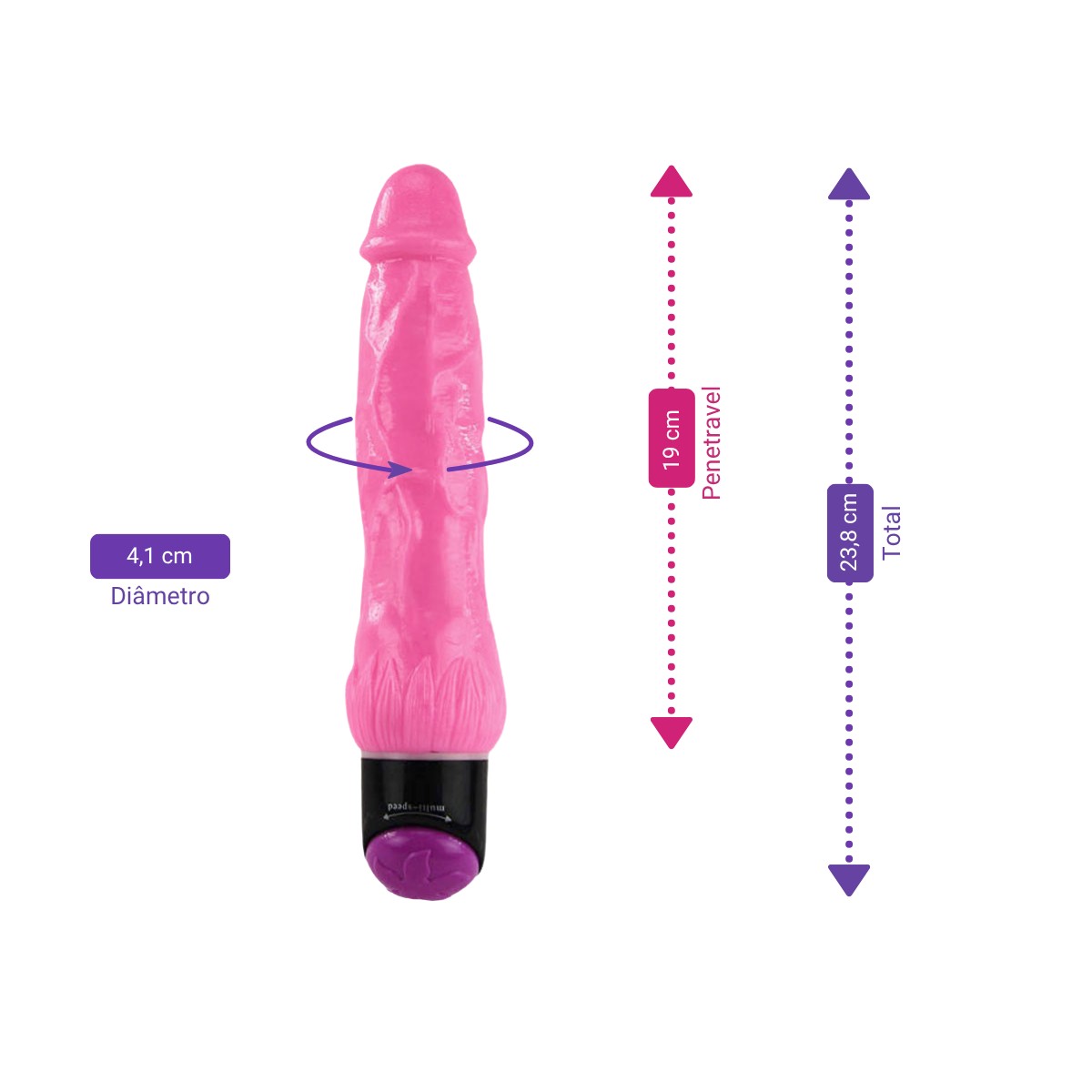 Prótese em TPR no Formato Realístico de Pênis com Glande Definida, Veias e Vibração Multivelocidade - Pink Vibe | 19 x 4,1 cm - 2
