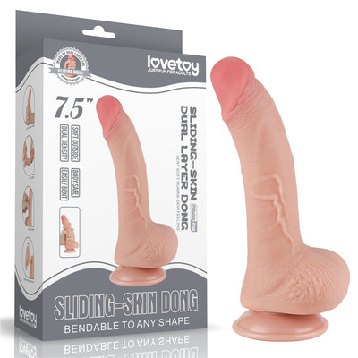 Foto 5 do produto Prótese Peniana Curvada em TPE com Escroto, Vertebra e Ventosa Removível - LoveToy Sliding-Slin Dong 7.5'' | 13,5 x 3,4 cm | Disponível em 3 Cores