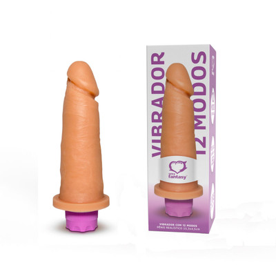 Prótese Peniana no Formato de Pênis Realístico com Glande Definida, Pequenas Veias Salientes e 12 Modos de Vibrações - Sexy Fantasy | 15,5 x 4,9 cm