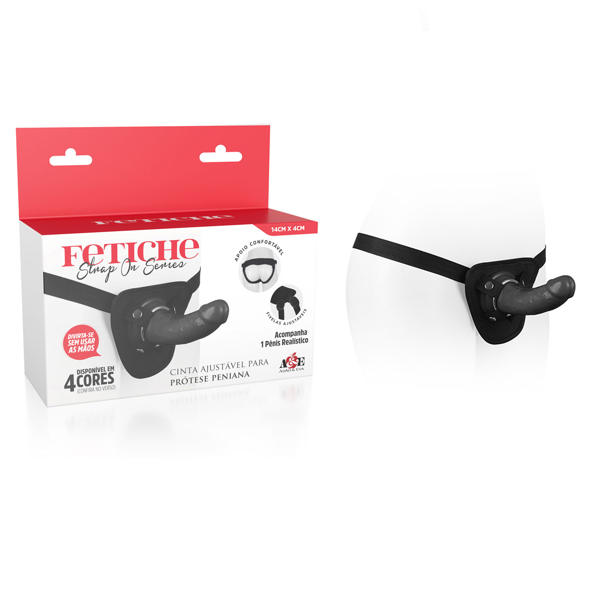 Prótese Peniana Realística com Anel, Base em Ventosa e Cinta Ajustável - Adão & Eva Fetiche Strap On Series - 14 x 3,8 cm | Disponível em 4 Cores - 12