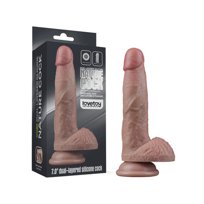 Prótese Peniana Realística com Glande, Escroto e Ventosa - LoveToy Dual Layered Platinum Silicone Cock 7" | 14 x 3,7 cm